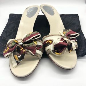 Gucci Off White Kitten Heel Sandals Scarf Bow Sz 7